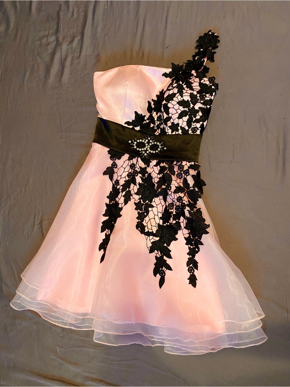 Pink black floral overlay asymmetrical formal homecoming dress, size small